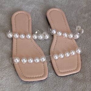 Chic Pearl-Embellished Tan Sandals